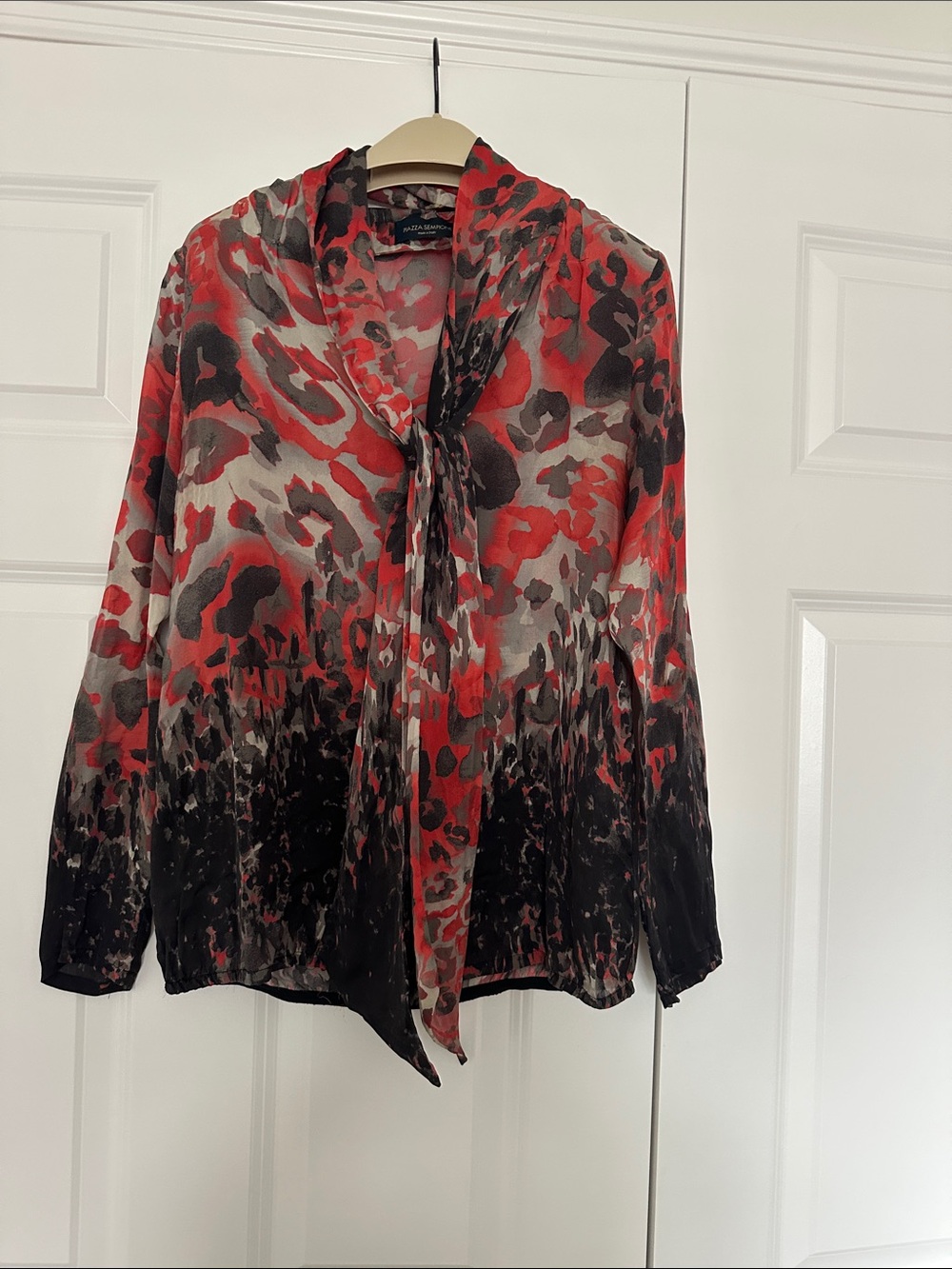 Piazza Sempione Red, Black & Gray Tie-Neck Blouse